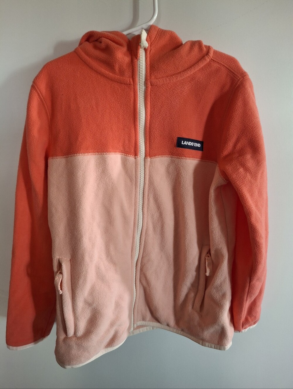 Lands' End Girls' Two-Tone Coral and Light Pink Fleece Hoodie